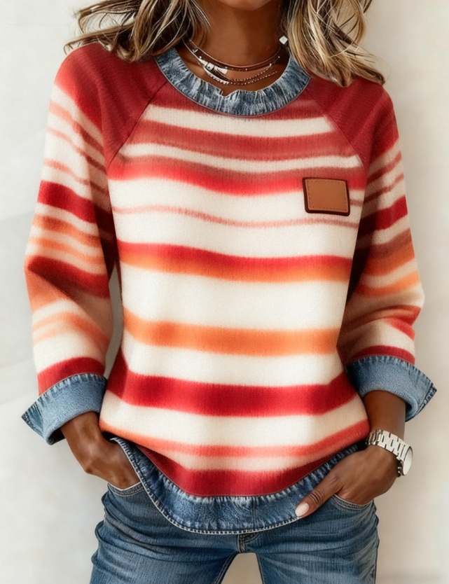 Denim Patchwork Crew Neck Casual Top