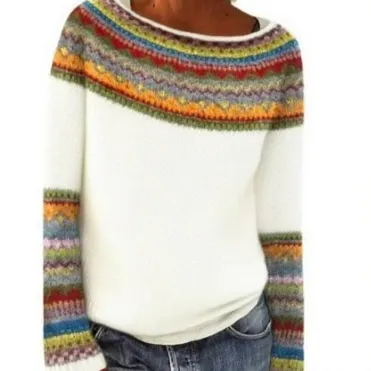 Round Neck Multicolor Loose Leisure Pullover Knitwear Sweater 91100 White - Shop at LoveMi