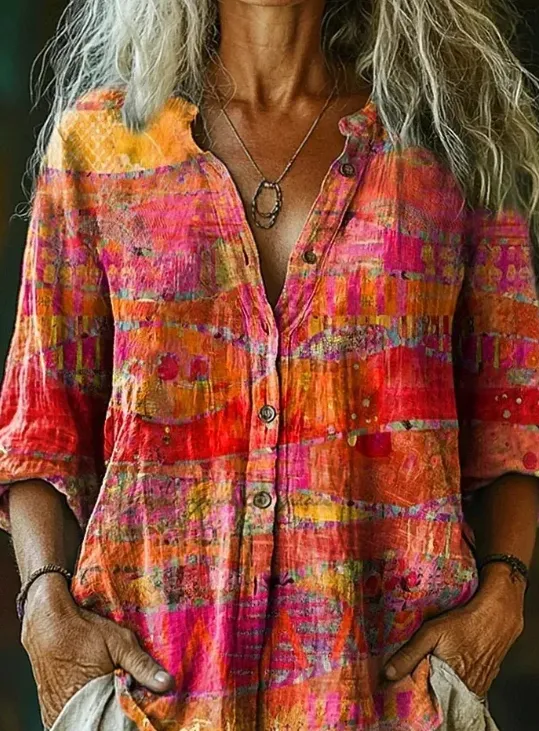 Women's Vintage Ethnic Floral Art Print Linen And Cotton V neck Casual Shirt Multicolor - Shop at LoveMi