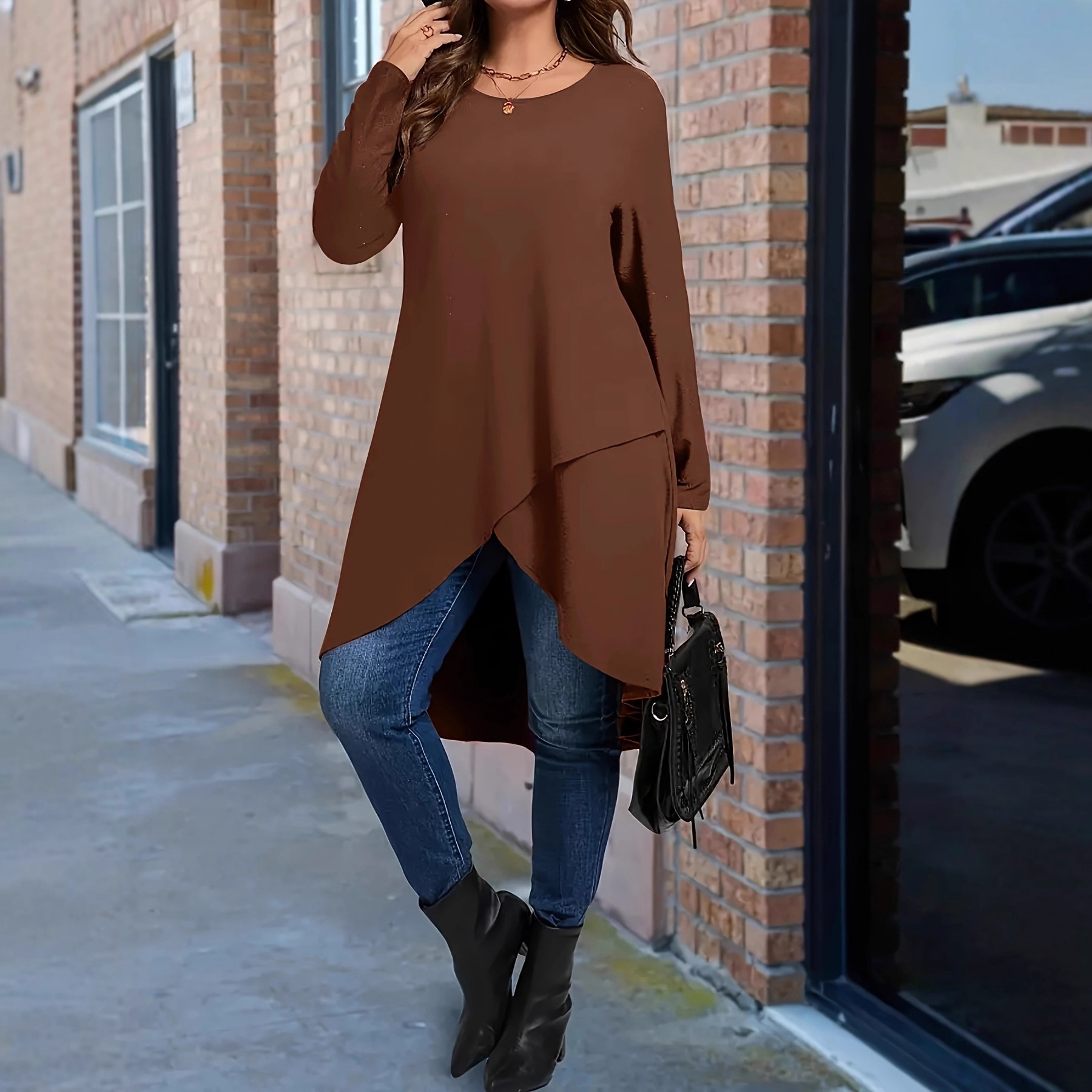 Plus Size Women's Autumn And Winter New Casual Loose Long Sleeves Outerwear Top Caramel Color - Shop at LoveMi