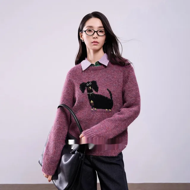 Dog Jacquard Retro Crew Neck Pullover Sweater Dark Purple - Shop at LoveMi