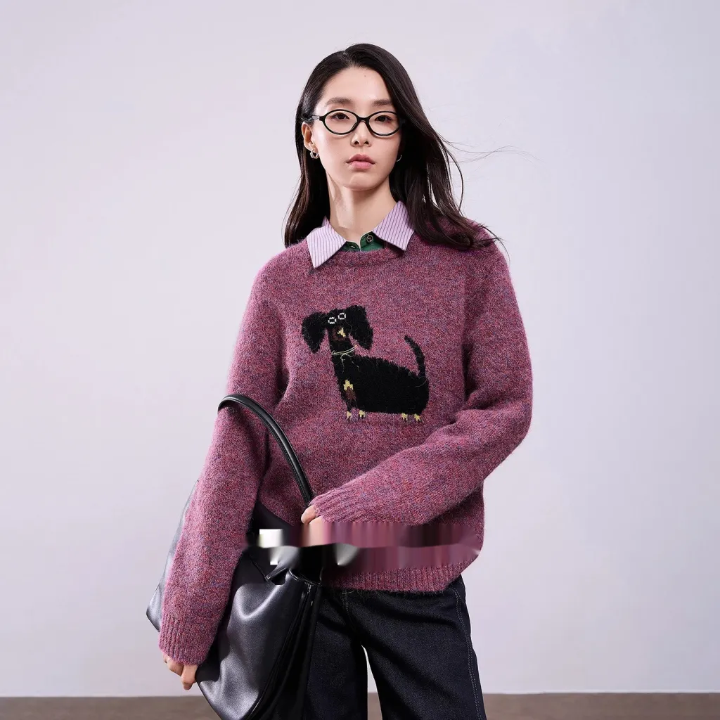 Dog Jacquard Retro Crew Neck Pullover Sweater - Dark Purple