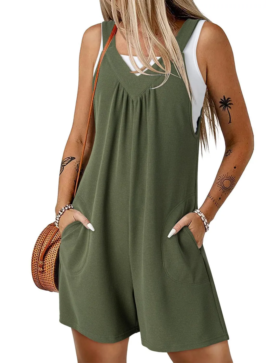Women's Knitted Side-pocket Overalls - Army Green