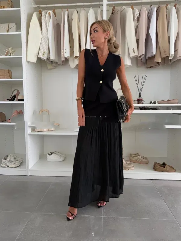 Women's Casual Solid Colored Skirt And Pleated Long Skirt Set Black - Shop at LoveMi