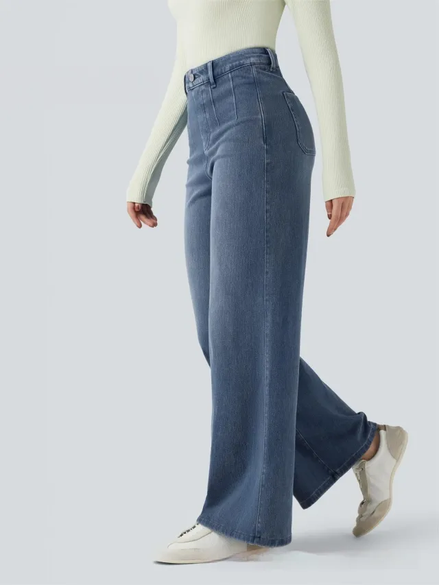 Mid rise Tummy control Wide leg Casual Denim Jeans Blue - Shop at LoveMi