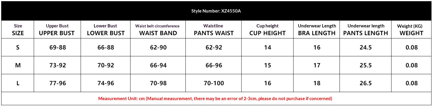 Size chart for women's floral embroidery bra and panty set showing S M L measurements