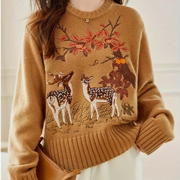 Loose Fit Short Sleeve Sweater Embroidered Deer Plum Red - Shop at LoveMi