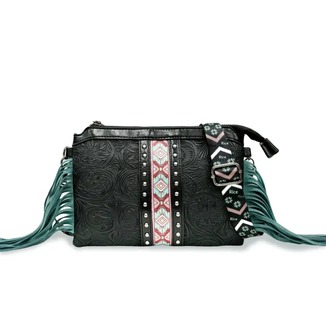 Bohemian style Tassel Crossbody PU Leather Printed Women's Bag Black - Shop at LoveMi