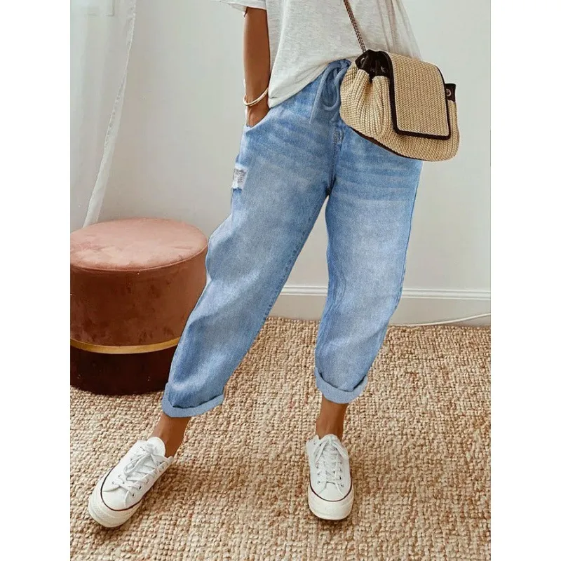 Women's Denim Pocket Elasticated Slacks - Blue