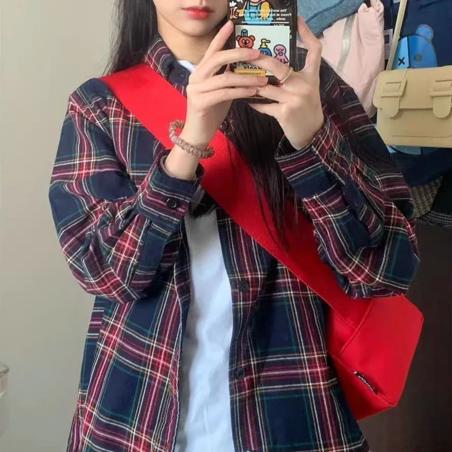 Short-height Long-sleeve Designer-style Niche Relaxed-fit Jacket - Wine Red Plaid