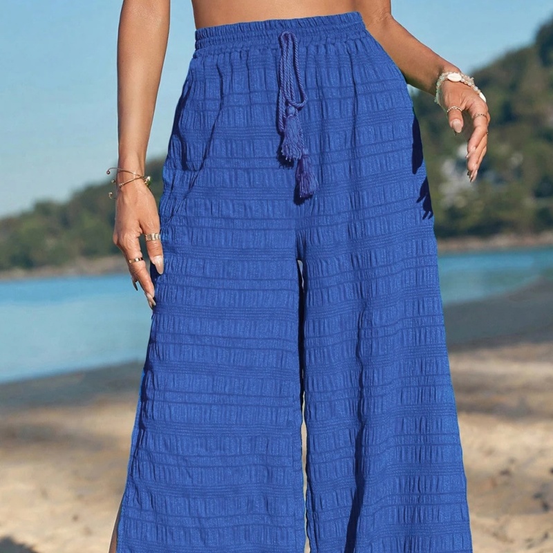 Dark Blue Textured Wide-leg Pants With Slits