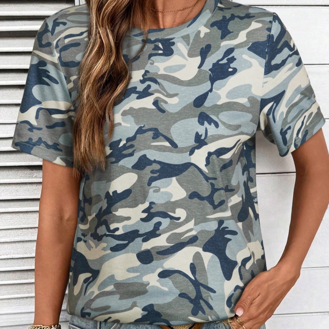 Women's Casual Loose-fit Crew-neck Camouflage Sports Short-sleeve