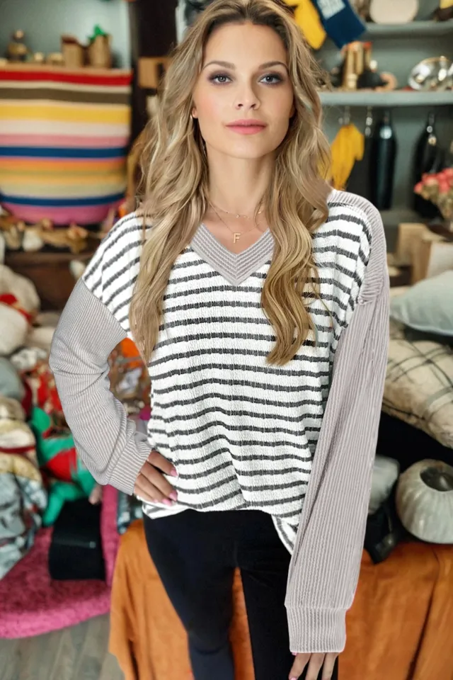 Khaki Striped Textured Knit Cable knit Ribbed Contrast color Patchwork V neck Long sleeve Top Red - Shop at LoveMi