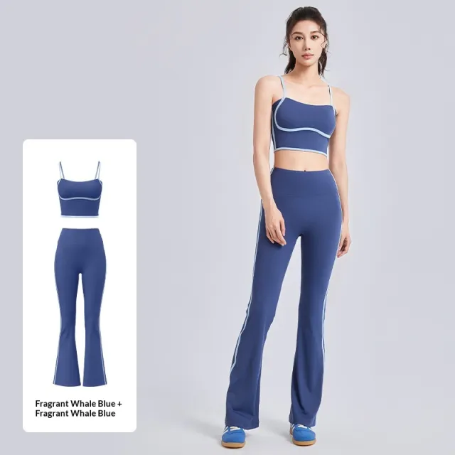 Juyitang Peach Line Yoga Set High Elastic Strappy Tank Top And High Waist Pants Combo Sweet Whale Blue - Shop at LoveMi