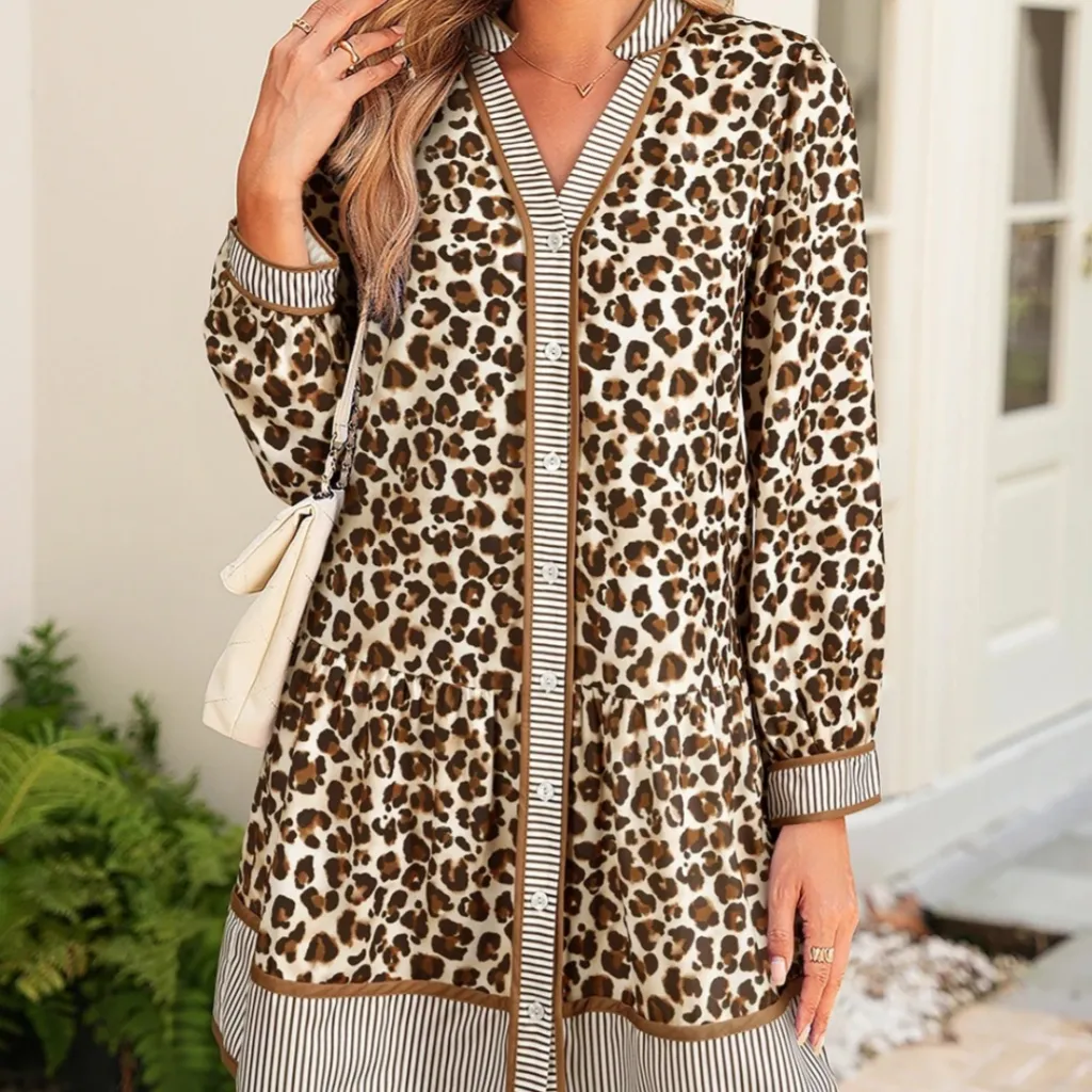 Women's Casual Loose V-neck Leopard-print Long-sleeve Dress - Brown
