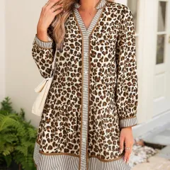 Women's Casual Loose V-neck Leopard-print Long-sleeve Dress - Brown - View 1