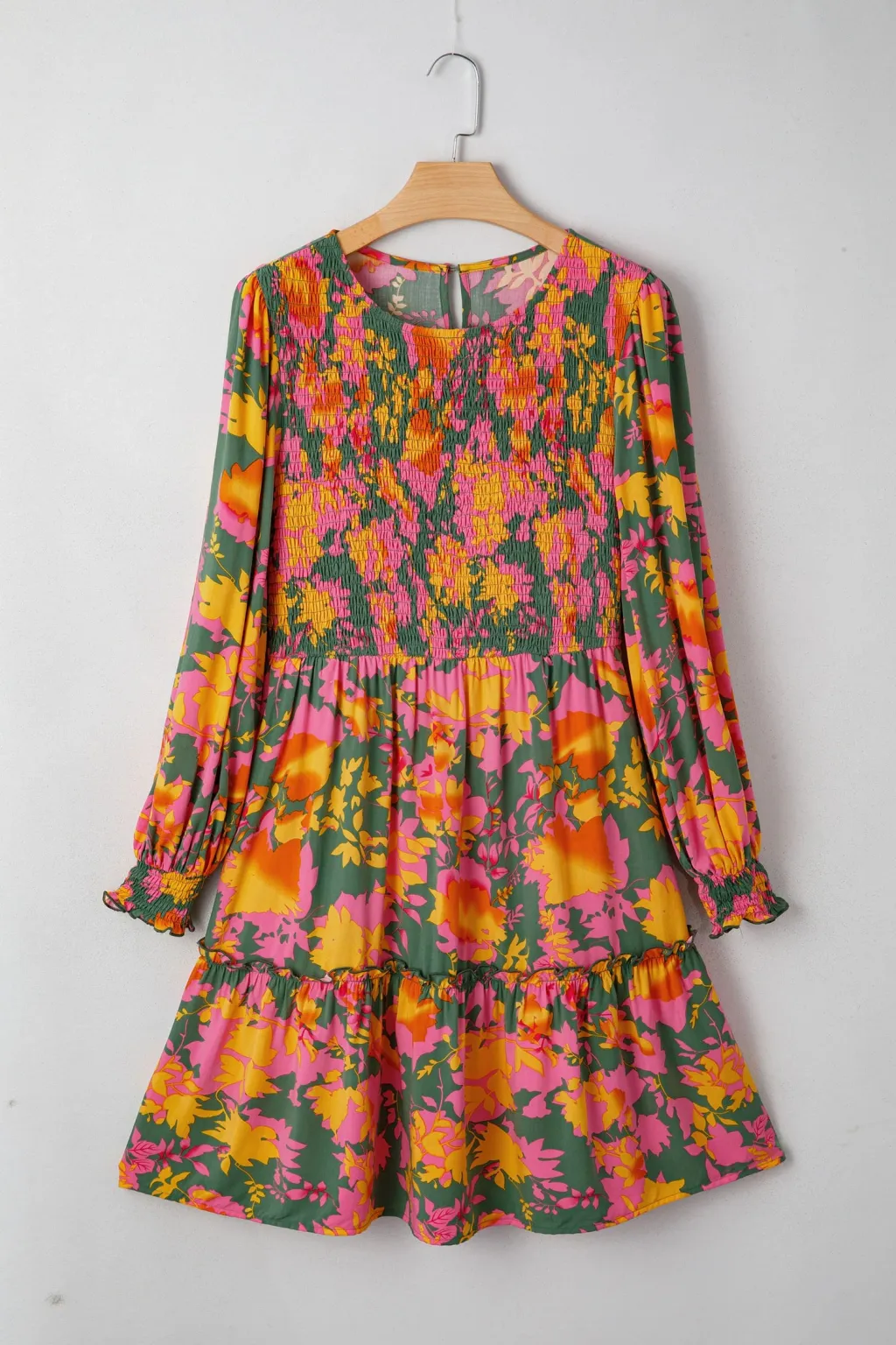 Multicolour Floral Print Long Sleeve Smocked Ruffled Mini Dress - Orange