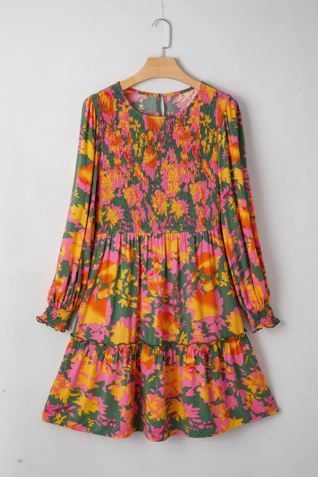 Multicolour Floral Print Long Sleeve Smocked Ruffled Mini Dress Orange - Shop at LoveMi