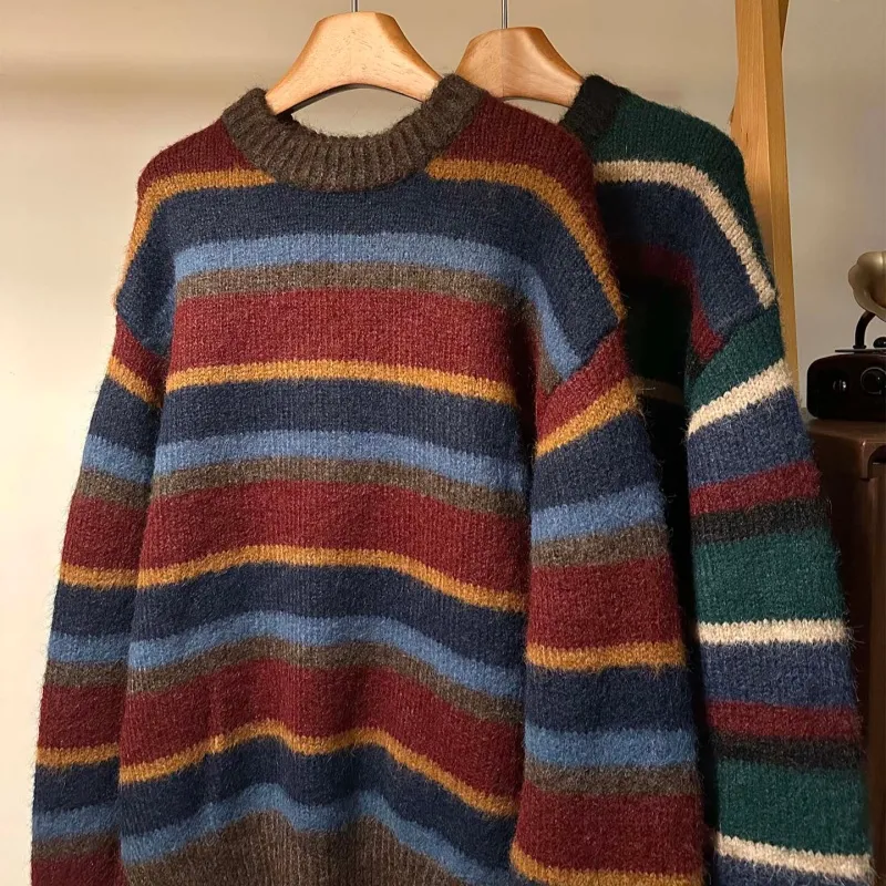 American-style Vintage Premium Striped Crewneck Sweater - Coffee Red