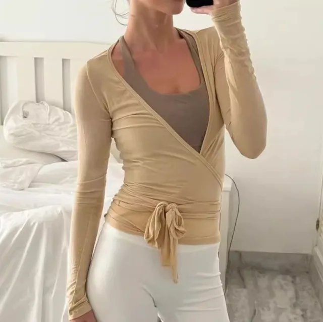 Solid Color Long Sleeved Sports Top Camel - Shop at LoveMi