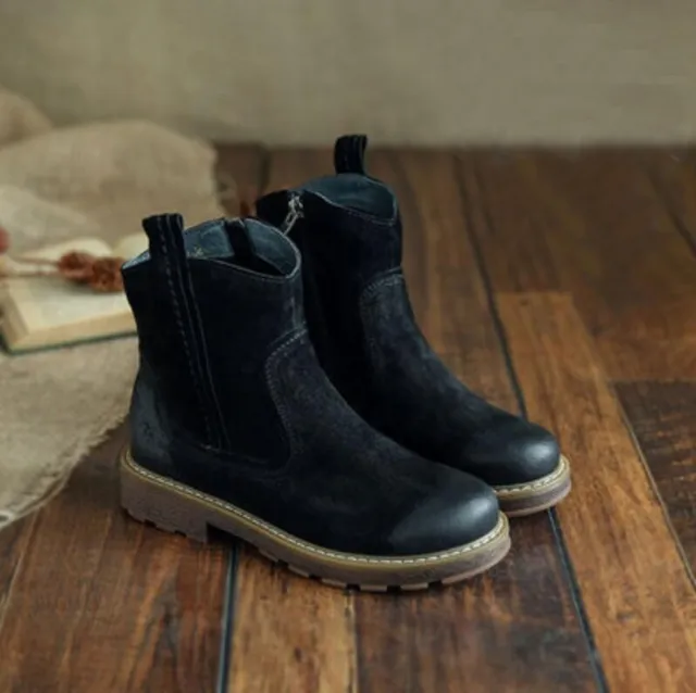 Women's Suede Flat Fleece Lined Ankle Boots Travel Boots With Wide Opening Design Black - Shop at LoveMi