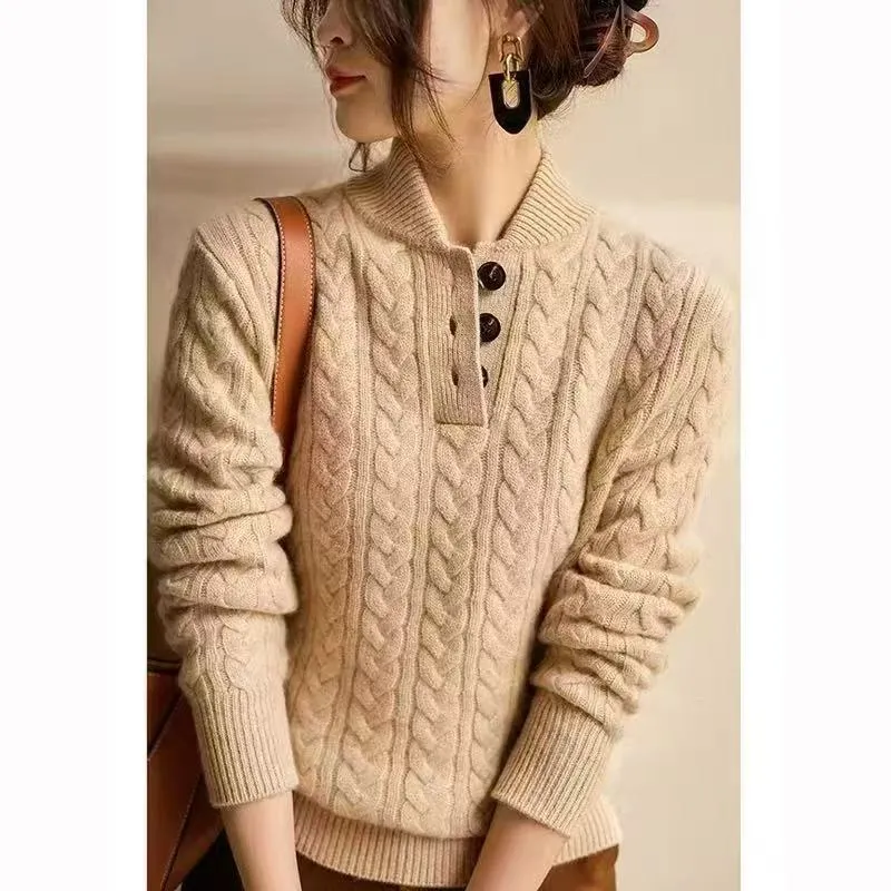 Baseball Collar Twisted String Textured Knitted Sweater For Women - Khaki