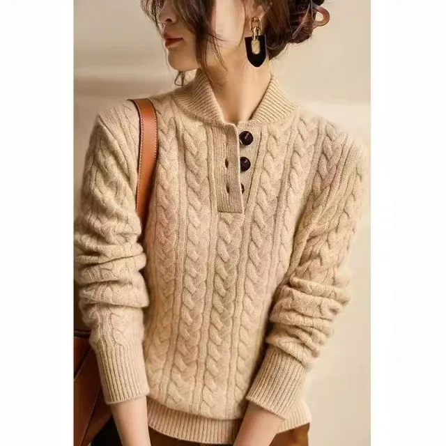 Baseball Collar Twisted String Textured Knitted Sweater For Women Khaki - Shop at LoveMi