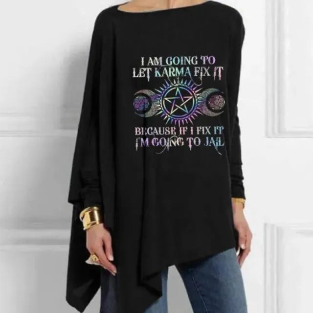 I Am Going To Let Karma Fix It Print Mid Length Irregular Tops Black - Shop at LoveMi