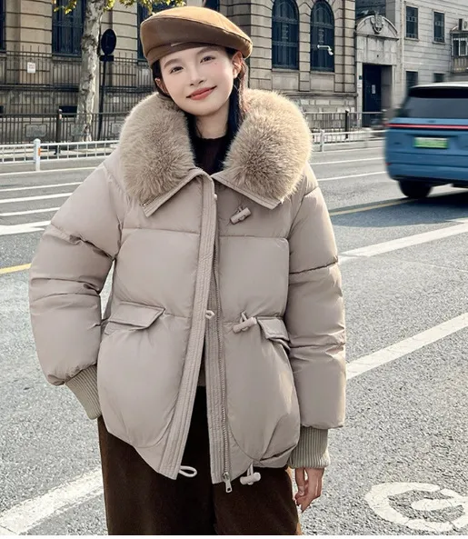 Down Cotton padded Jacket Women's Short Fur Collar Thickened Coat Winter Clothing Khaki - Shop at LoveMi