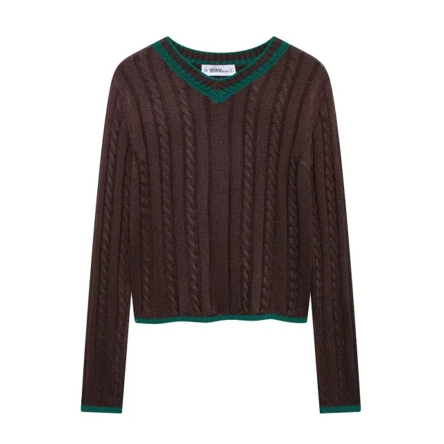 Fashion Long Sleeve V neck Cable Pattern Sweater Coffee - Shop at LoveMi