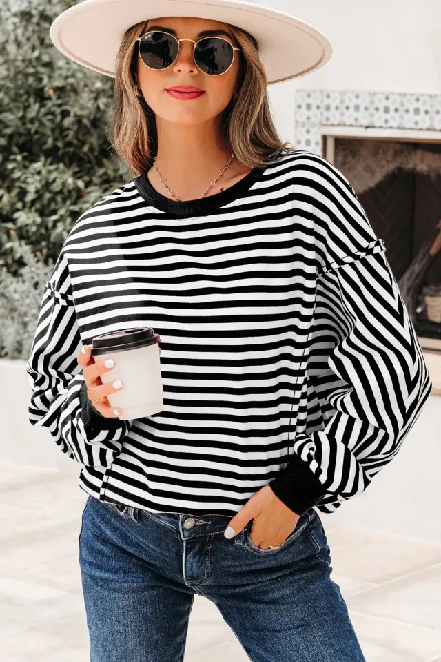 Orange Stripe Exposed Seam Drop Shoulder Casual Pullover Top Black - Shop at LoveMi