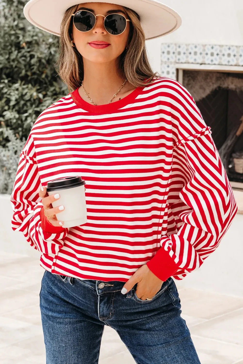 Orange Stripe Exposed Seam Drop Shoulder Casual Pullover Top - Red