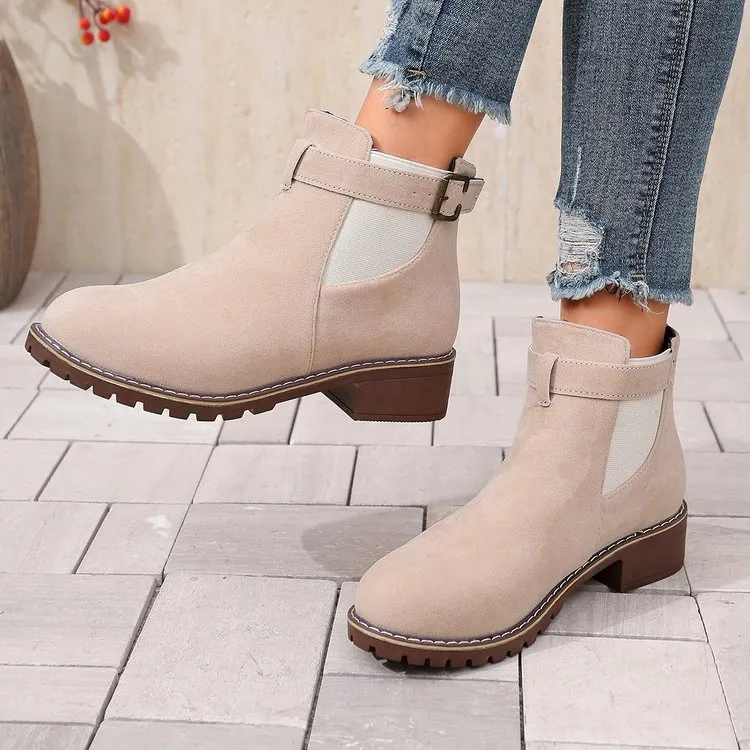 Chunky Heel Suede Elastic Band Martin Boots - Beige