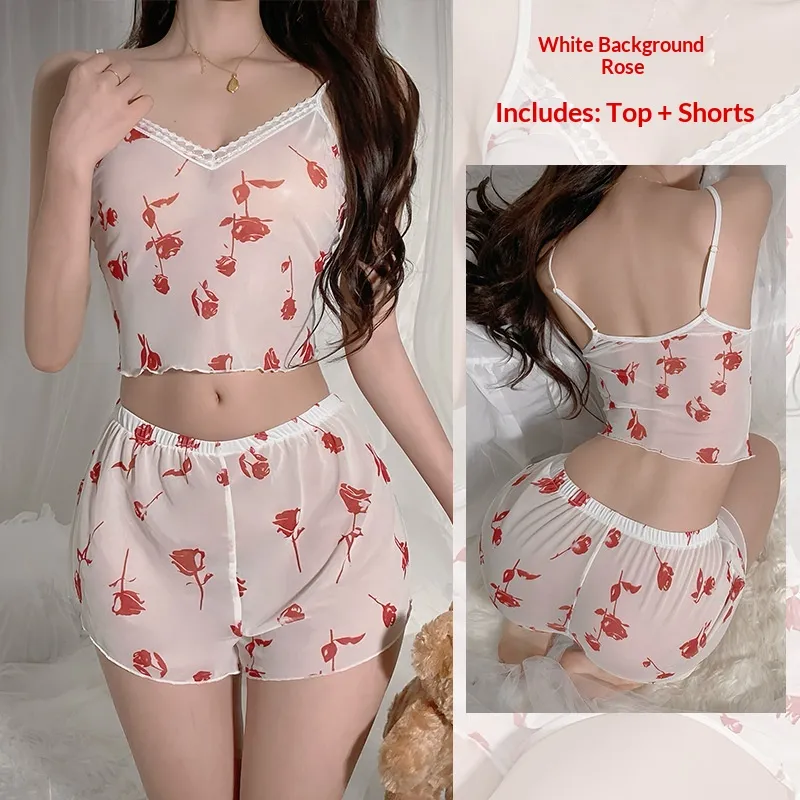 Leopard-print Pajama Set For Women Camisole And Shorts - Roses On A White Background