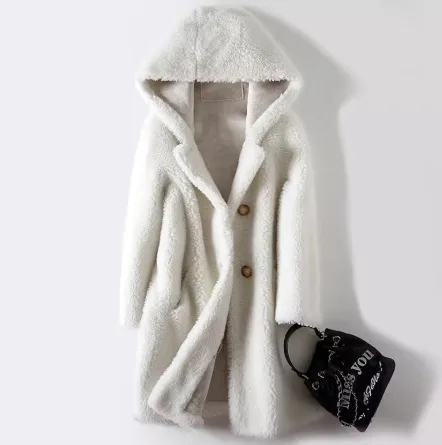 Women's Mid-Length Hooded Coat In Composite Leather And Fur - White