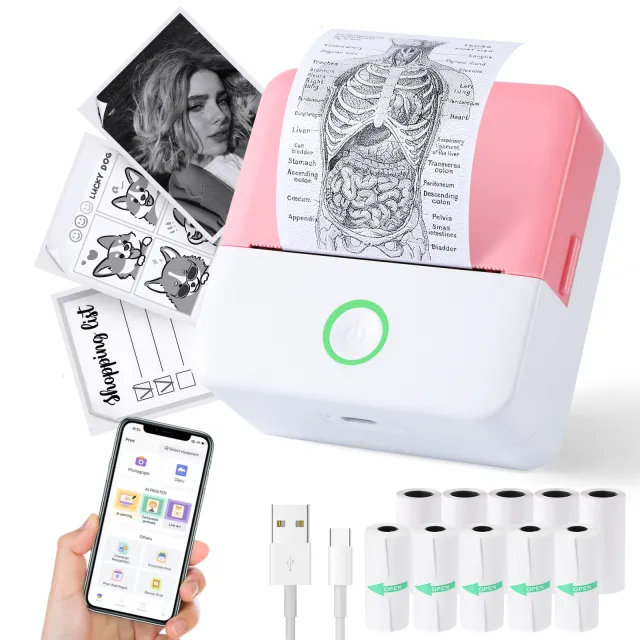 Mini Printer Thermal Ink free Sticker Manufacturer And 10 Rolls Of Printing Paper Pink - Shop at LoveMi