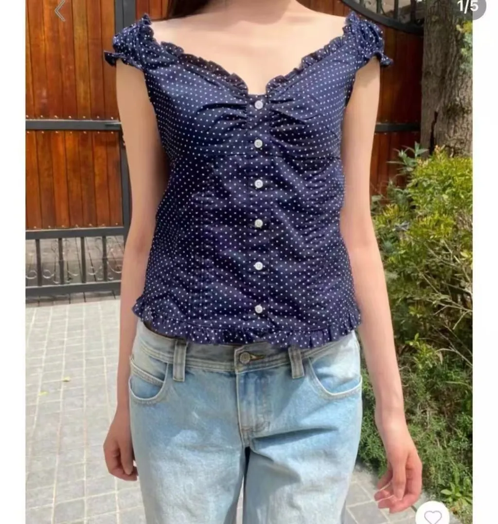 American Ballet Style Ruffled T-shirt - Navy Blue Polka Dots
