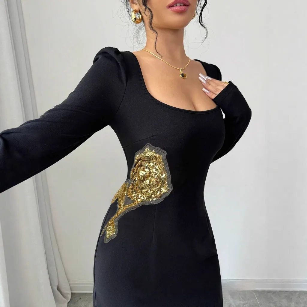 Elegant Square-neckline Waist-cinching Figure-flattering Dress For Women - Black
