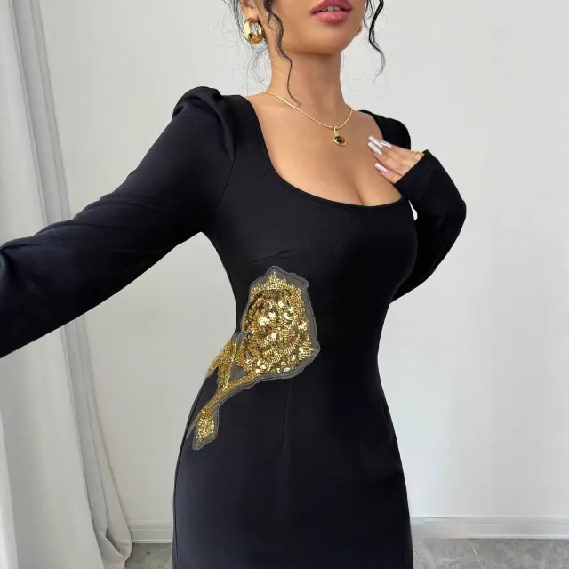 Elegant Square neckline Waist cinching Figure flattering Dress For Women Black - Shop at LoveMi