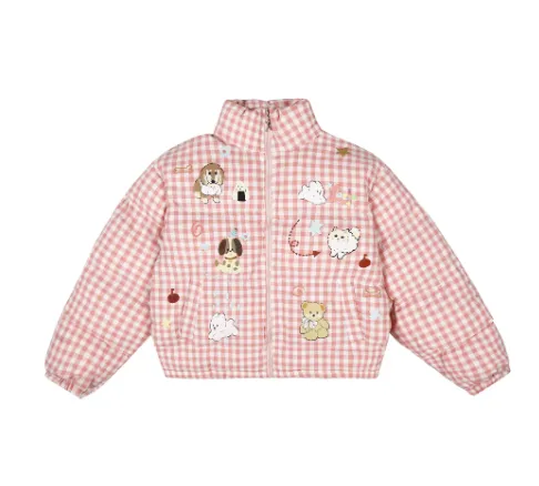 Cute Puppy Plaid Loose fitting Versatile Padded Cotton Jacket Pink - Shop at LoveMi
