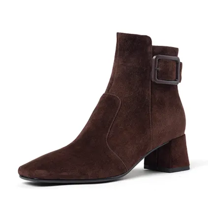 Retro style Leather Belt Buckle Versatile Square toe Chunky heel Ankle Boots Brown - Shop at LoveMi