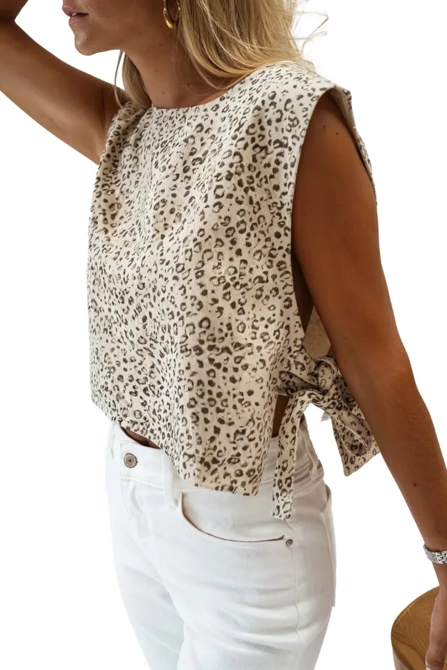 Fashionable Apricot Colored Women's Vest With Lace up Sides And Leopard Print Apricot - Shop at LoveMi
