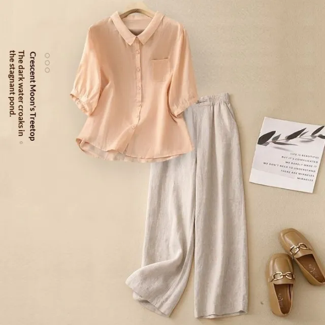 Women's Casual Cotton And Linen Top Summer Set Pink - Shop at LoveMi