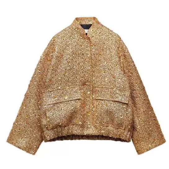 New Autumn Women's Clothing Pocket Trim Short Coat Beaded Decorative Coat Gold Custom Edition - Shop at LoveMi