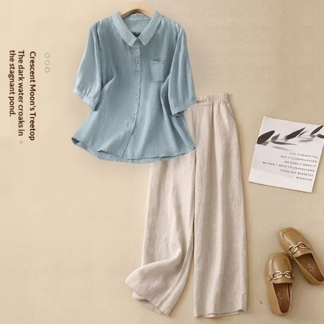 Women's Casual Cotton And Linen Top Summer Set Blue - Shop at LoveMi