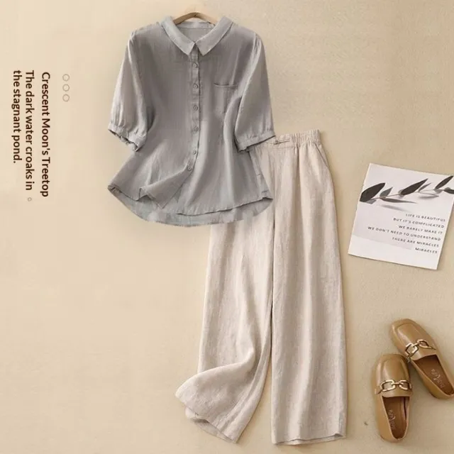 Women's Casual Cotton And Linen Top Summer Set Gray - Shop at LoveMi