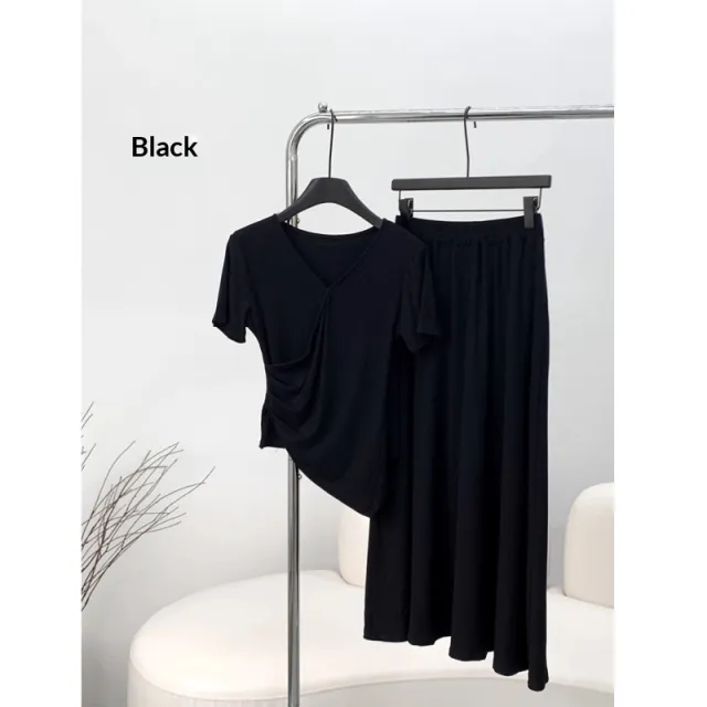Short sleeve Top And Drapey Skirt Two piece Set Black - Shop at LoveMi