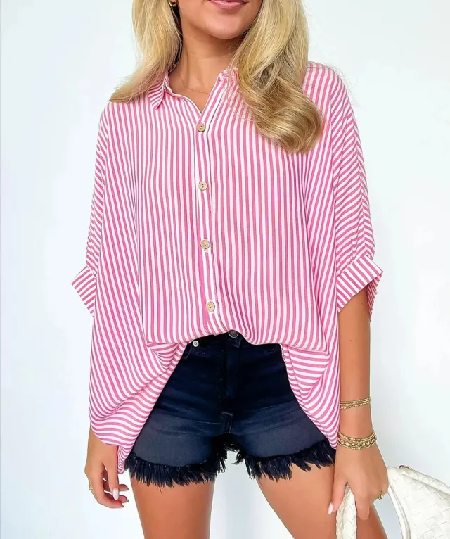 Women's Striped Fashionable Loose fit Three quarter sleeve Shirt Pink - Shop at LoveMi