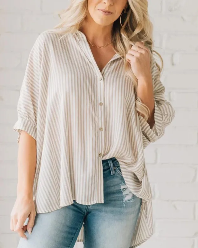 Women's Striped Fashionable Loose fit Three quarter sleeve Shirt Apricot - Shop at LoveMi