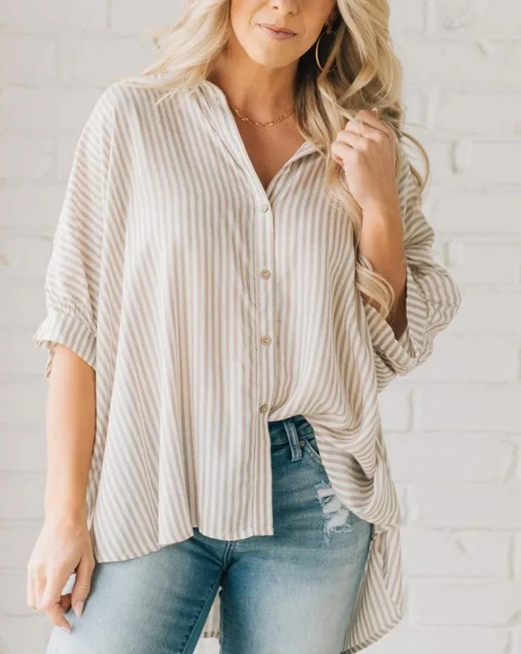 Women's Striped Fashionable Loose-fit Three-quarter-sleeve Shirt - Apricot